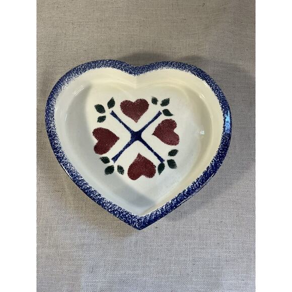 Ceramic Heart Baker White Red Blue Spongeware Serving Dish Flat Earth Clay Works - Picture 1 of 4